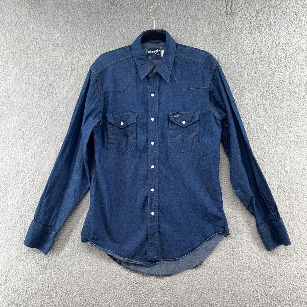 Wrangler Men's L 16 X 35 Blue Denim Western Pearl Snap Shirt Long Sleeve Vtg USA